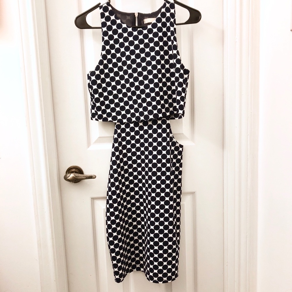 White & navy blue polka dot dress w/side cutouts